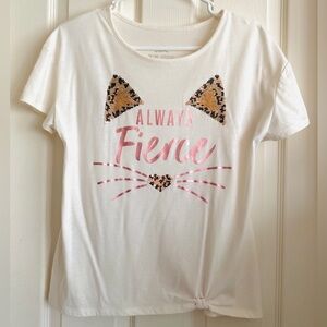 NWOT Justice Kitty Tshirt XXL 18/20 IVORY Knot Hem Metallic Pink Gold